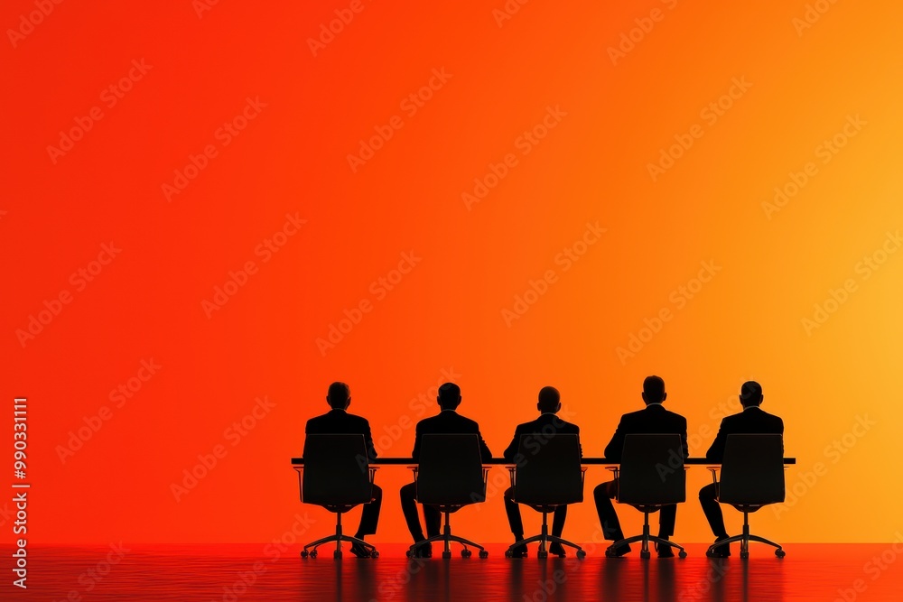 Fototapeta premium Silhouettes of business people sitting at a conference table against a colorful gradient background.