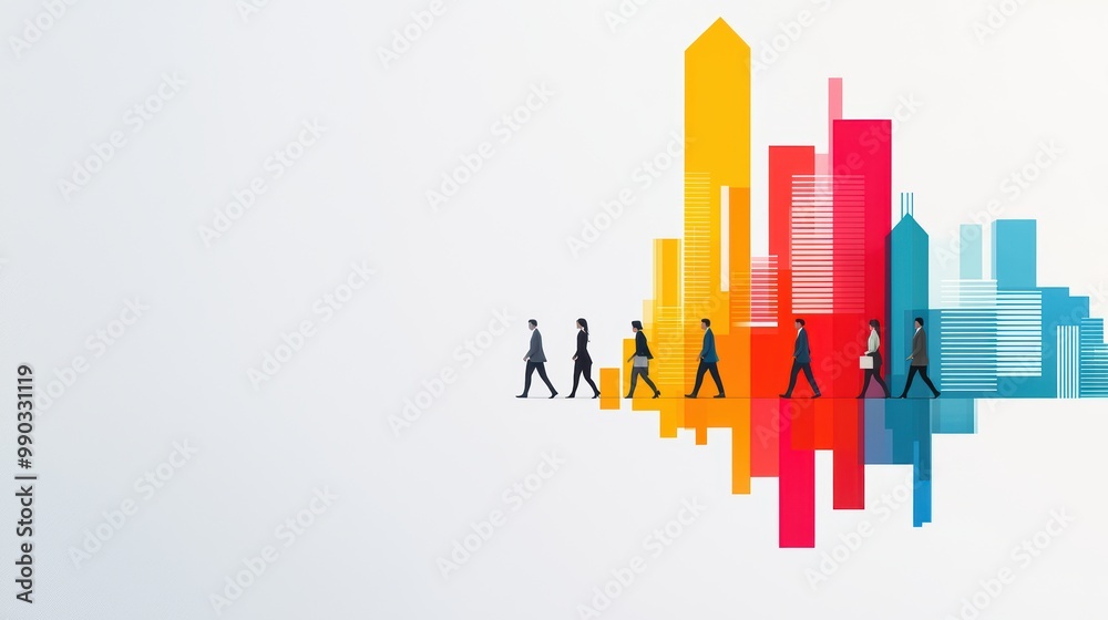 Silhouettes of people walking in front of colorful city buildings on a white background. Silhouettes of people walking in front of colorful city buildings on a white background.