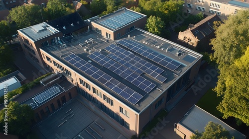 Solar panels installed on the roof of a public building to generate clean energy