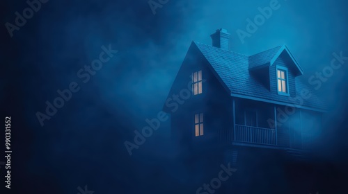 Spooky house illuminated at night amidst thick fog, creating a mysterious atmosphere.