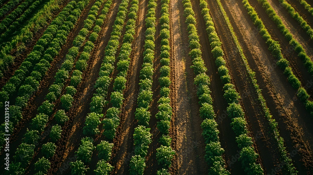 Fototapeta premium Organic farming field with rows of crops being tended to by farmers using sustainable methods