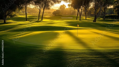 Golf Course Green with Sunrise and Flag photo