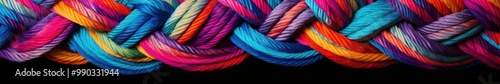 A close-up view of vibrant, multi-colored ropes skillfully intertwined to form a braided texture.