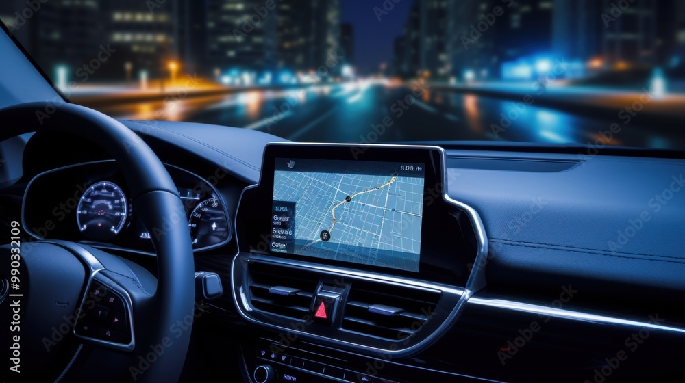 Driving through a city at night, with glowing bokeh lights creating a vibrant and dynamic atmosphere seen through the car's windshield and navigation system. Driving through a city at night, with glowing bokeh lights creating a vibrant and dynamic atmosphere seen through the car's windshield and navigation system.