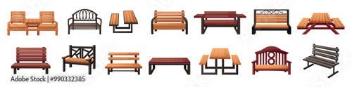 Garden benches. Wooden wicker furniture for outdoor resting, picnic and barbeque public park zones. Cartoon benches with tables, nowaday vector set