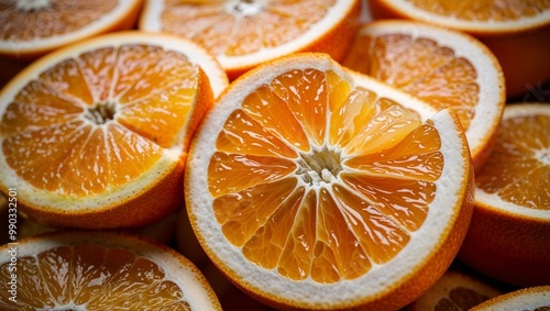 Juicy orange segments with white pith closeup photo