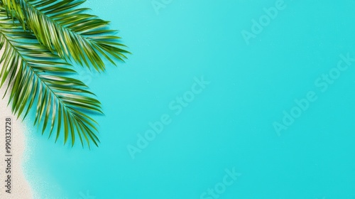 Tropical palm leaf against a bright turquoise background, evoking a serene beach scene.