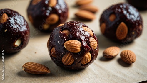 Raw vegan energy balls with almonds closeup