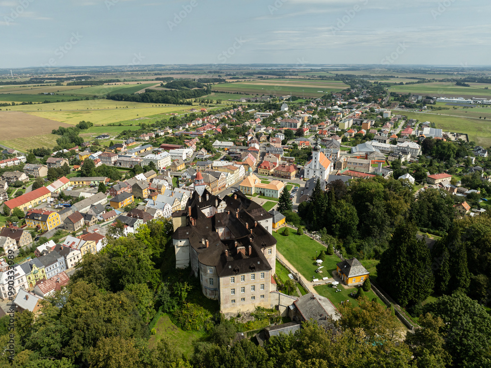 Aerial drone view of Castle Jansky Vrch in Javornik. The Jansky Vrch State Chateau on a rocky hill above the town of Javornik, located in the Czech Republic in Moravia. Javornik in summer drone fly...