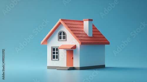 Plastic house model on blue background symbolizes real estate.
