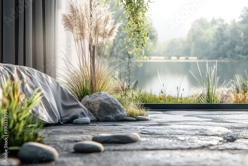 Cozy outdoor living space with spa pool, plants, and serene lake view