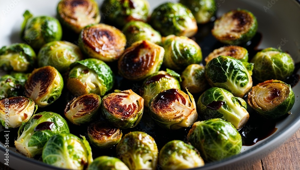 Roasted Brussels sprouts with balsamic glaze closeup