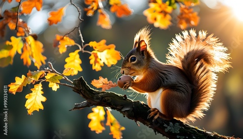 Playful Squirrel Balances on Autumn Branch with Acorn in Vibrant Sunlit Landscape