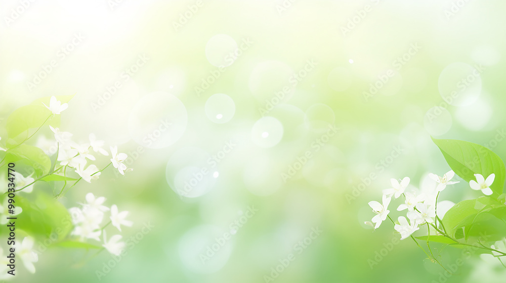White wildflowers among greenery in the sunlight, a postcard on a spring background White wildflowers among greenery in the sunlight, a postcard on a spring background