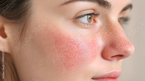 Close up face of young woman suffering from problem skin. Acne, rosacea, dry skin. Dermatology concept