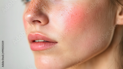 Close up face of young woman suffering from problem skin. Acne, rosacea, dry skin. Dermatology concept