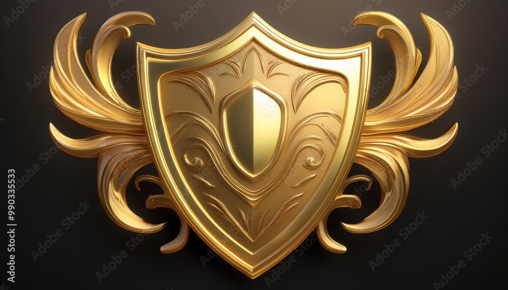 A golden ornate shield with decorative flourishes, symbolizing protection and valor, set against a dark background. A golden ornate shield with decorative flourishes, symbolizing protection and valor, set against a dark background.