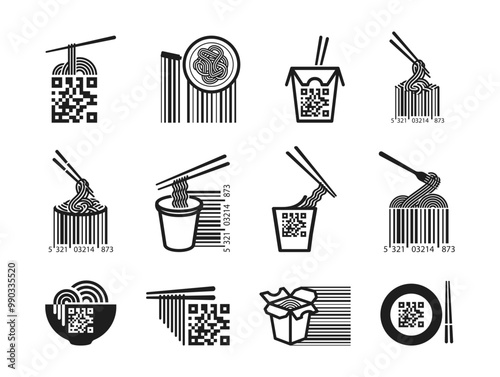 A collection of fast food icons presented as QR codes and barcodes, offering a quick and convenient way to get menu and delivery information.