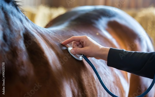 Veterinarian checking horse heartbeat with stethoscope. Livestock health check in farm