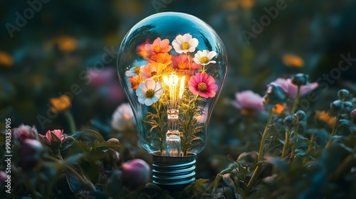 A transparent light bulb filled with delicate, glowing clouds in flat designMinimalistic setup, soft, warm light emanating from the clouds against a clear sky photo