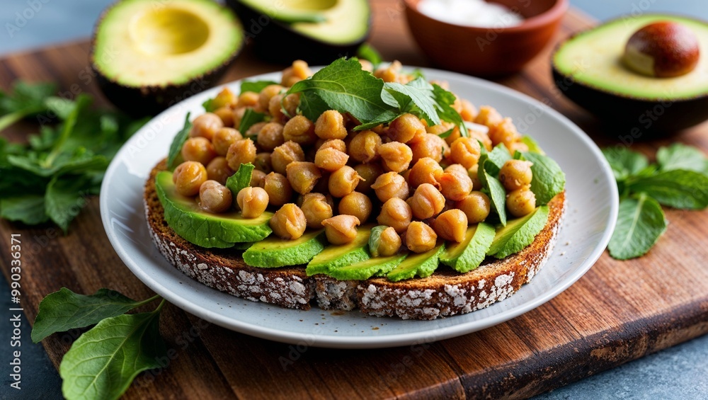 Vegan chickpea salad with avocado toast closeup Vegan chickpea salad with avocado toast closeup