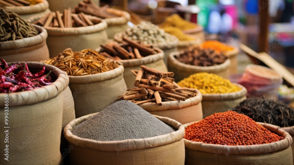 Fototapeta premium A colorful assortment of aromatic spices displayed in woven baskets, bringing to life the vibrant and rich essence of a bustling spice market.