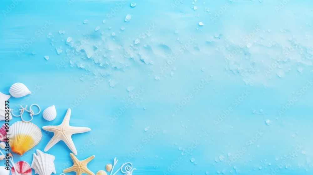 A vibrant summer holiday scene featuring starfish, seashells, and sea accessories arranged on a bright blue background with sandy textures and clear space.