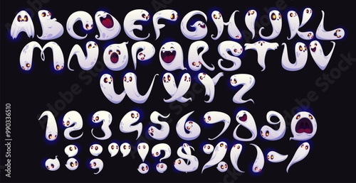 Halloween ghosts font, scary typeface, horror evil type, spooky monster alphabet vector typography set. Cartoon white ghost, night phantom and evil spirit characters in shape of letters and numbers