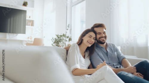 A joyful couple, sitting closely on a white couch in a bright living room, share a hearty laugh together, exuding warmth and happiness.