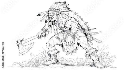 American Indian with Axe in Hand Standing in Fighting Stance Coloring Book Page for Kids Detailed Warrior Illustration Strong Stance Fun Historical Scene Brave Character Art Page