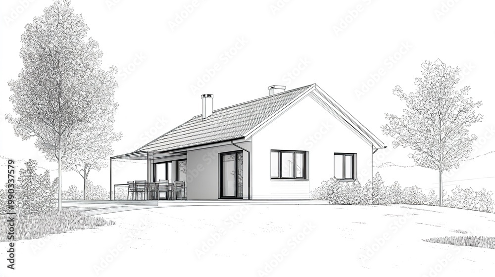 Naklejka premium Pencil sketch of a traditional gabled house with large windows, set in a tranquil environment with detailed tree outlines