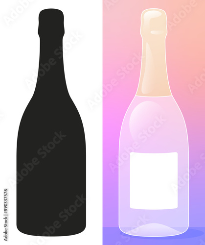 Silhouette de bouteille de vin pétillant sur fond transparent, vecteur de bouteille d'alcool avec une étiquette à personnaliser, illustration couleur rose et violet 