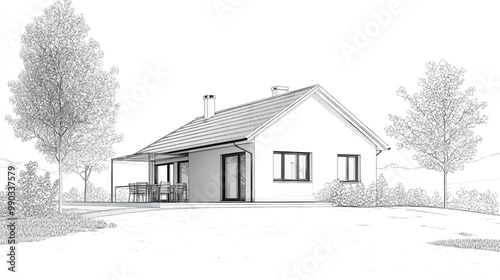 Pencil sketch of a traditional gabled house with large windows, set in a tranquil environment with detailed tree outlines