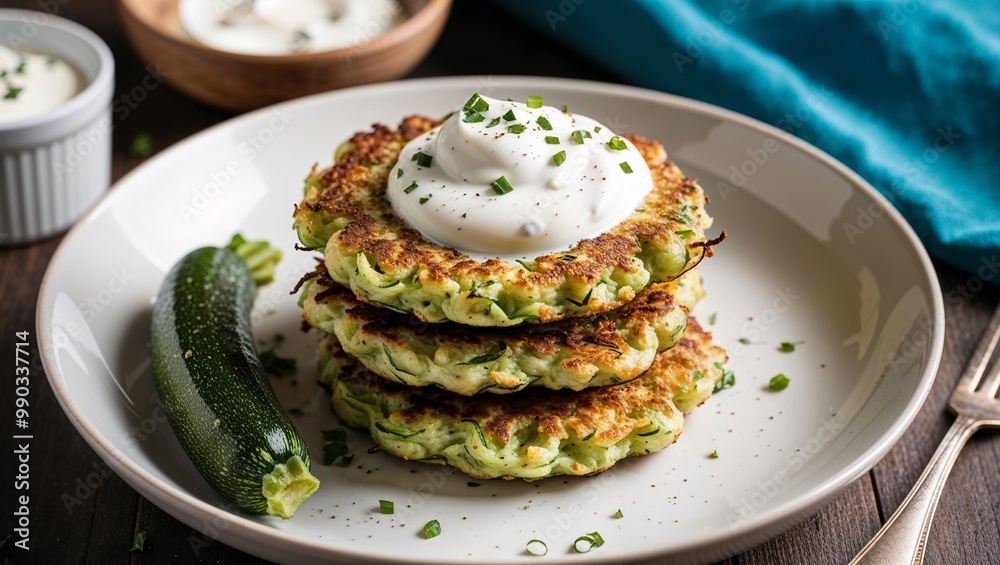 Zucchini fritters with Greek yogurt closeup Zucchini fritters with Greek yogurt closeup