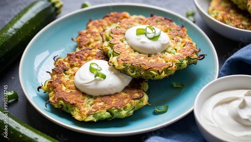 Zucchini fritters with Greek yogurt closeup