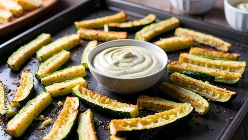 Baked zucchini fries with garlic aioli closeup photo