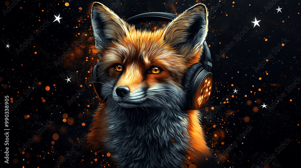 Fototapeta premium A portrait photograph of a fox with front face. wearing head phones.