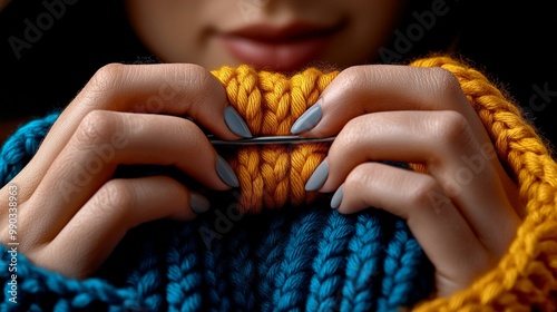 Knitting Serenity: Close-up of hands knitting a vibrant yellow and teal sweater, showcasing intricate detail and a calming atmosphere. 