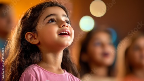 Little girl looking up with a big smile