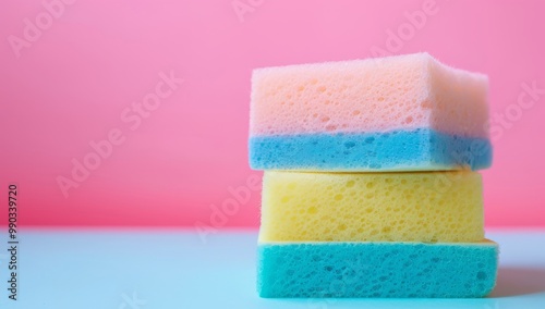 Three colorful kitchen sponges for washing dishes on the table, close-up, stock photo, with a pink and blue background, blurred background, copy space concept.