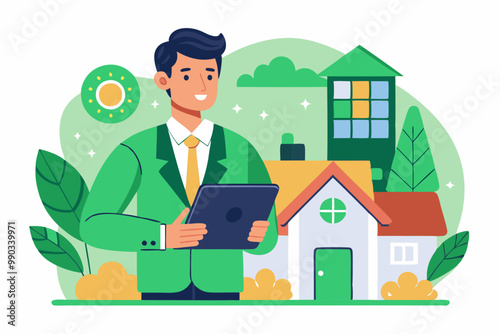 A real state agent with a tablet EDITABLE VECTOR ILLUSTRATION