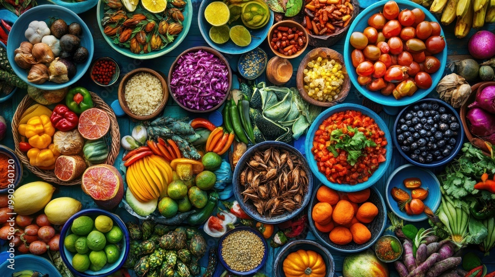 Colorful Display of Fresh Fruits and Vegetables on Blue Table Colorful Display of Fresh Fruits and Vegetables on Blue Table