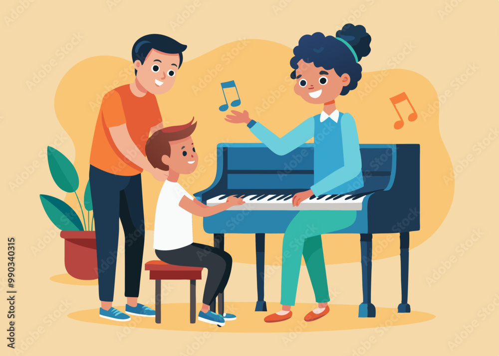 A boy remembers his mother while playing the PIANO EDITABLE VECTOR ILLUSTRATION A boy remembers his mother while playing the PIANO EDITABLE VECTOR ILLUSTRATION