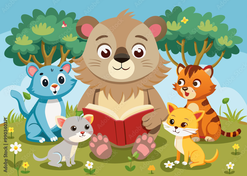Naklejka premium A lion telling story reading a book to baby animals EDITABLE VECTOR ILLUSTRATION