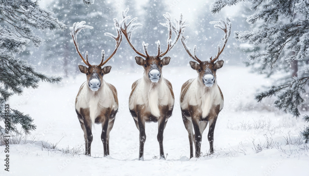 Three reindeer stand in a snowy forest, surrounded by falling snowflakes, creating a serene winter scene. Three reindeer stand in a snowy forest, surrounded by falling snowflakes, creating a serene winter scene.