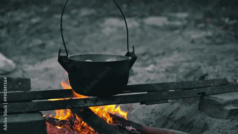 Close-up shot of a black pot hanging over a campfire. The pot is filled with boiling water and potatoes. Close-up shot of a black pot hanging over a campfire. The pot is filled with boiling water and potatoes.