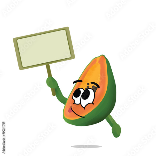 papaya cartoon mascot character hold a blank sign board. happy face emoticon. cute fruit concept. plant, nature, or health themes