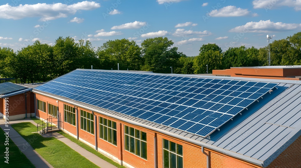 281. Solar panels installed on a rural school building providing renewable energy for students 281. Solar panels installed on a rural school building providing renewable energy for students
