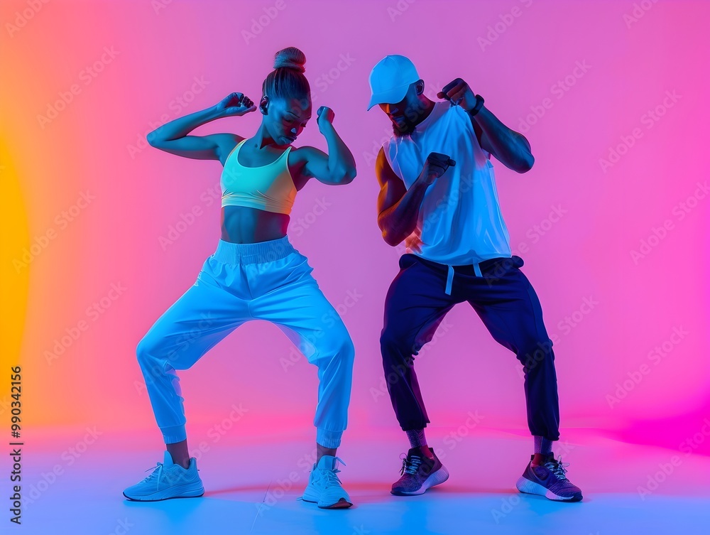 Personal Trainer Guiding Client Through Vibrant High Energy Dance Workout Personal Trainer Guiding Client Through Vibrant High Energy Dance Workout