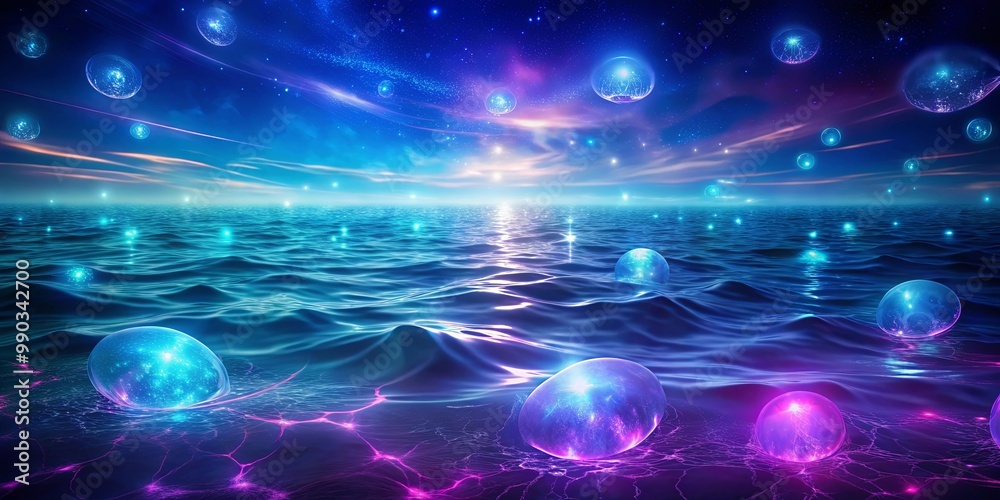 Fototapeta premium A cosmic sea of luminous spheres beneath a star-studded sky, with vibrant energy flowing across the surface.